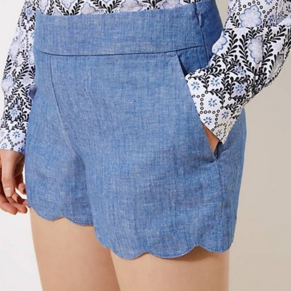 LOFT SCALLOPED CHAMBRAY SHORTS WITH 4 INCH INSEAM